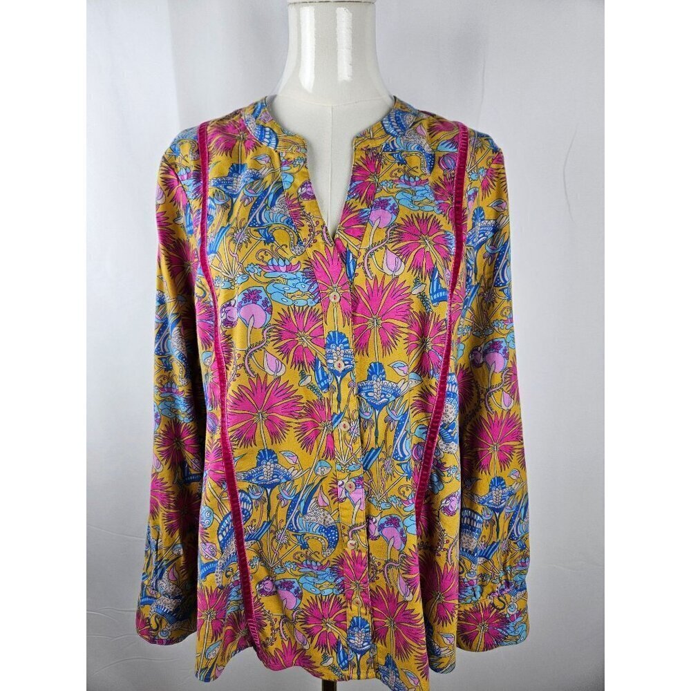 Anthropologie Small Floral Boho Pink Print Fleece Button-Down PJ Top or‎ Blouse
